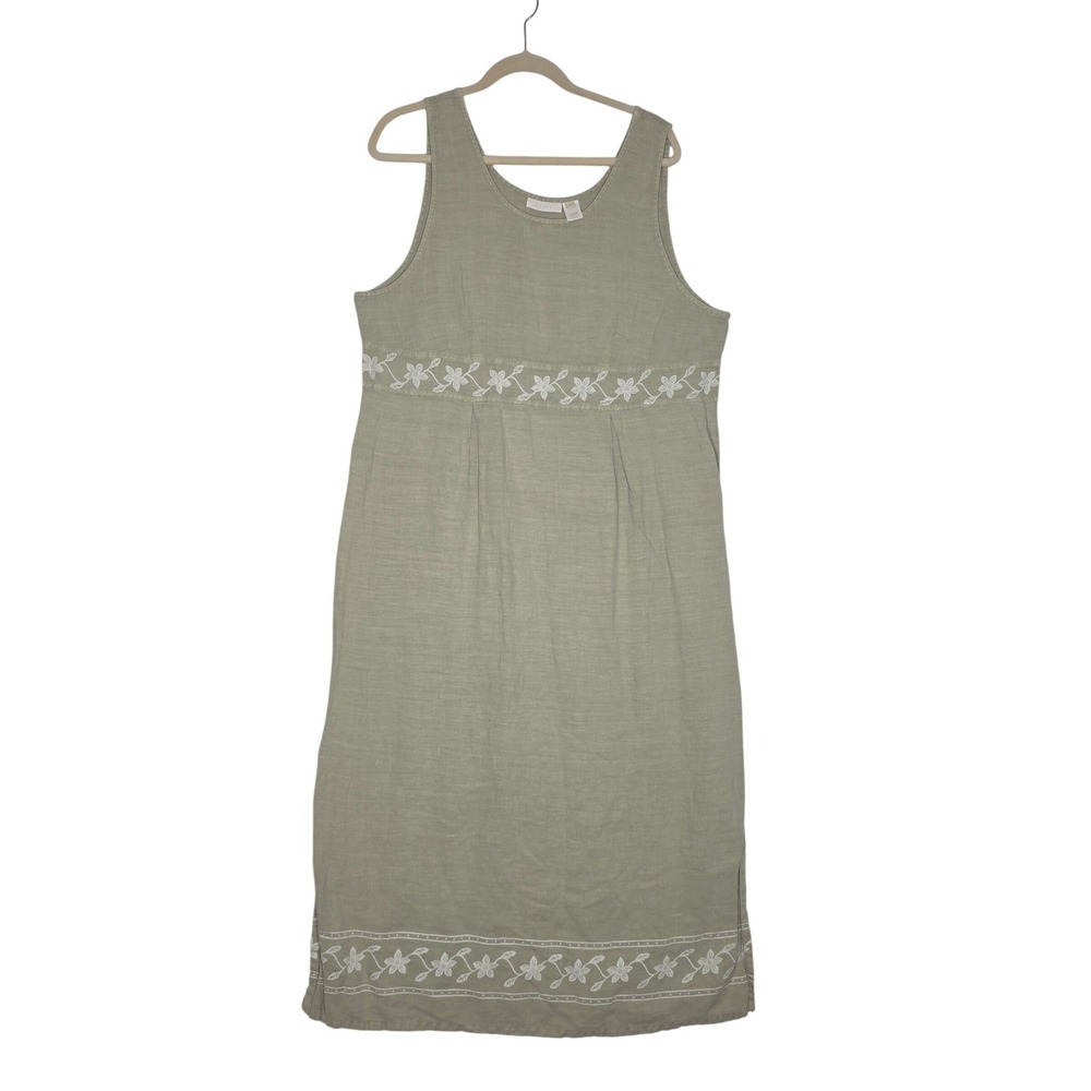 J. Jill Sage Green 100% Linen Floral Embroidered Sleeveless Midi Dress Large